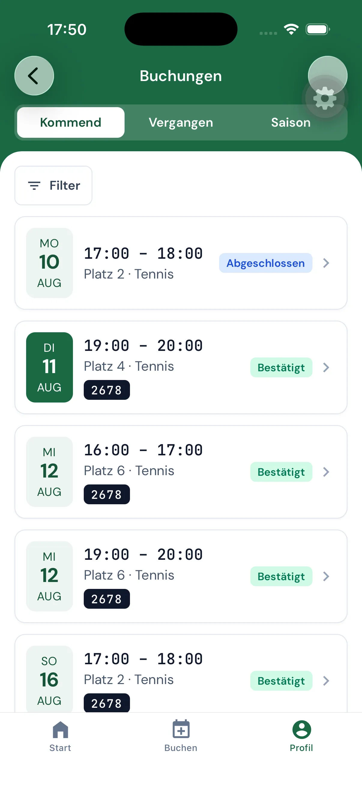 Buchungsliste in der App, jede Buchung mit eigenem Türcode