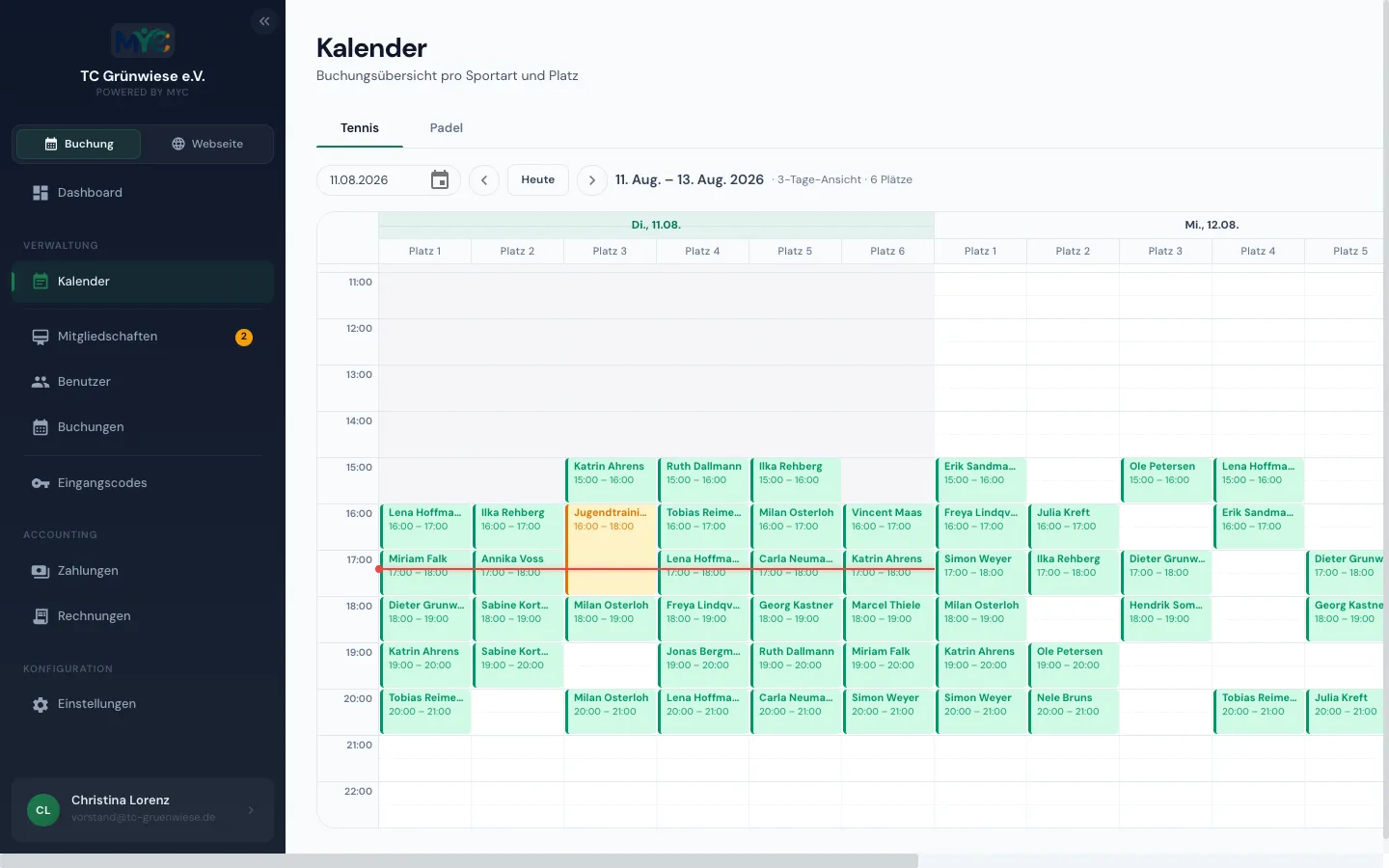 MYC-Manager mit dem Belegungskalender eines Tennisvereins