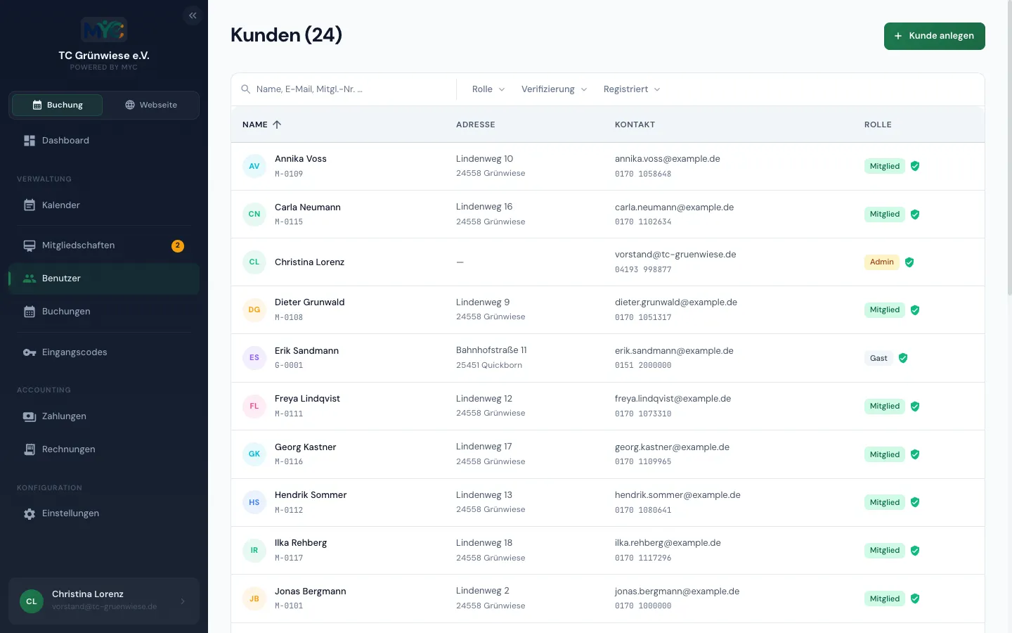 Mitgliederliste im MYC-Manager mit Adressen, Kontaktdaten und Rollen